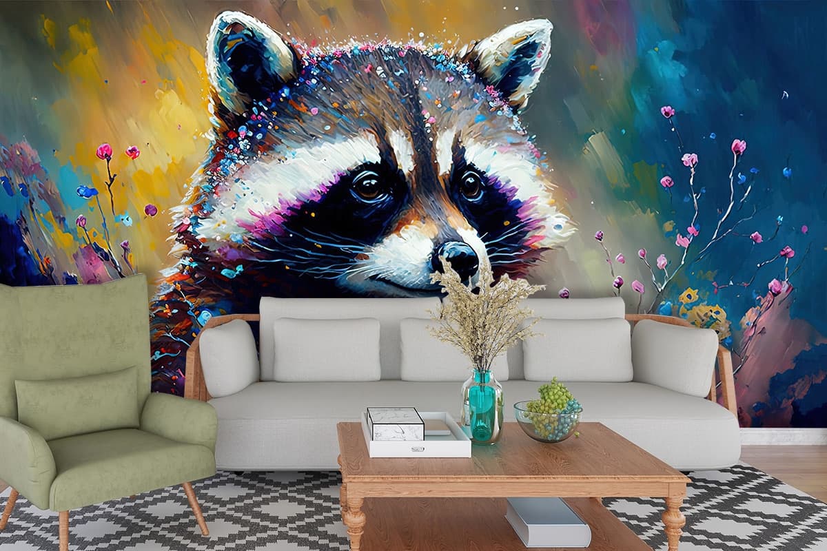 Cute Raccoon Holding Flowers Cartoon Kids Wallpaper shown in a room