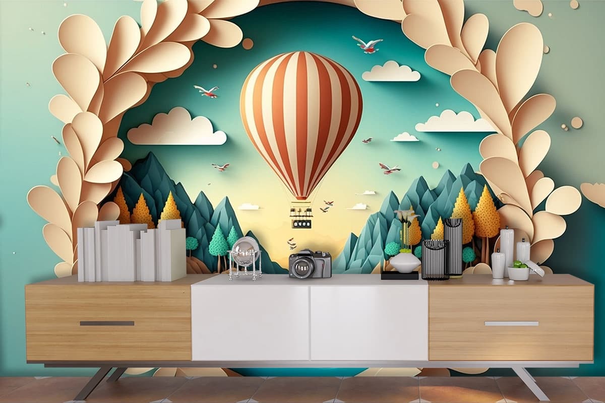 3D Hot Air Balloon Landscape Kids Room Wallpaper shown in a room