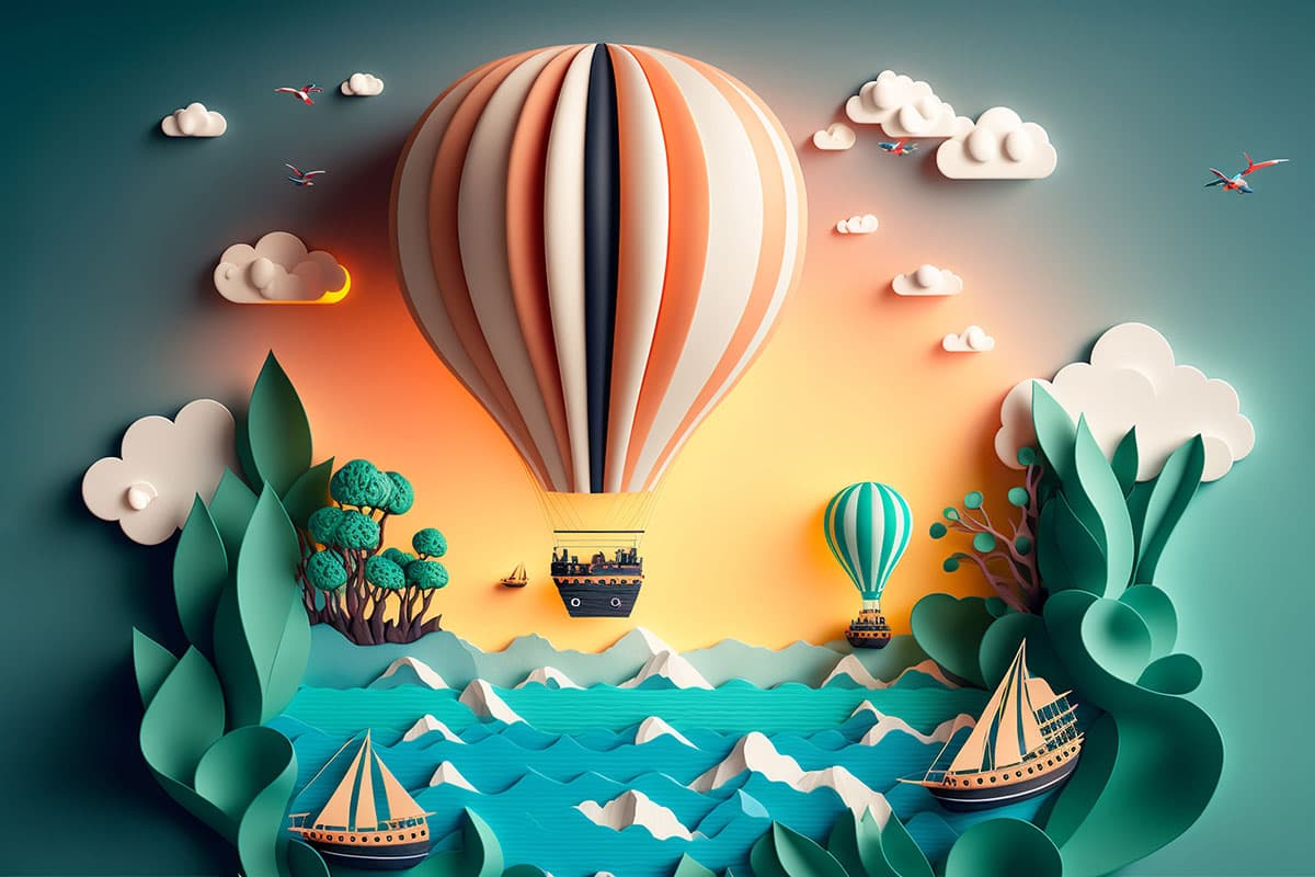 Peaceful Balloon Over Water Landscape Wallpaper pattern detail