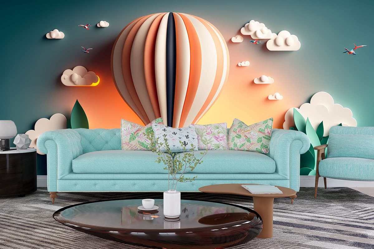 Peaceful Balloon Over Water Landscape Wallpaper shown in a room