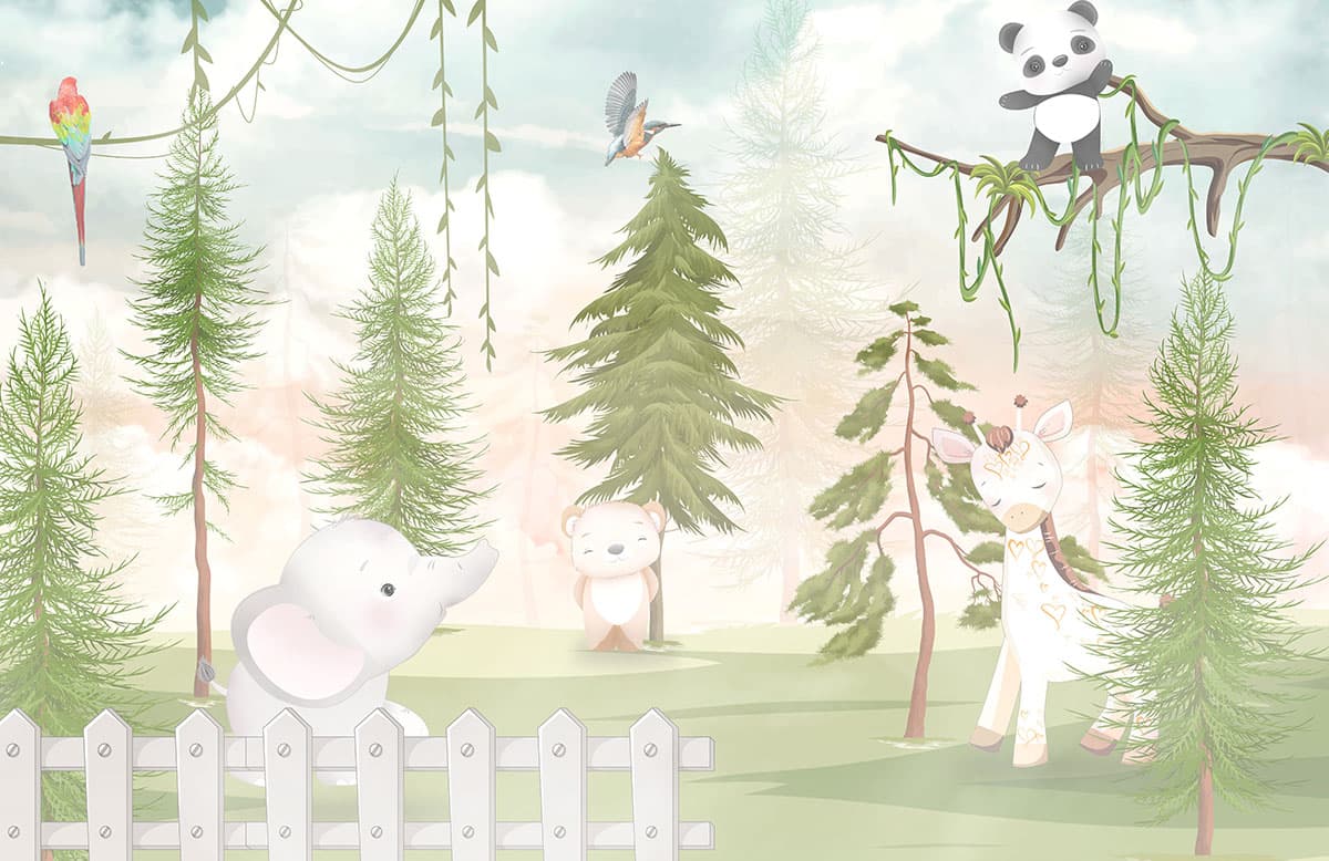 Kids Room Wallpaper With Panda, Bear in Forest pattern detail