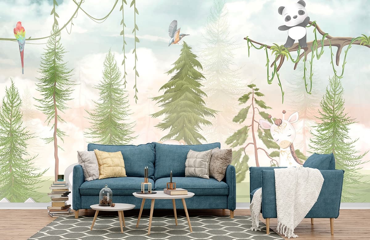 Kids Room Wallpaper With Panda, Bear in Forest shown in a room