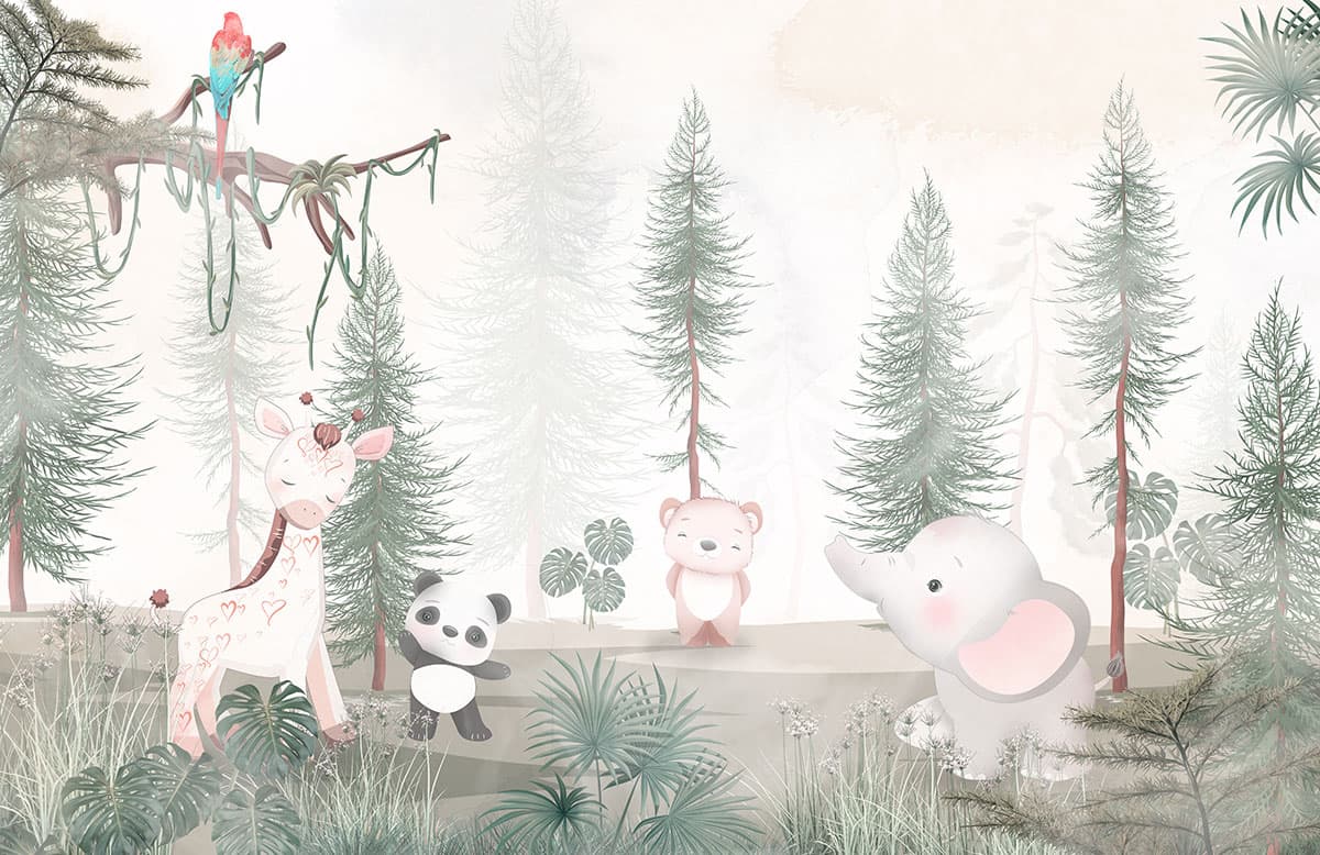 Panda, Parrot, Bear Cartoon Wallpaper for Kids Room pattern detail
