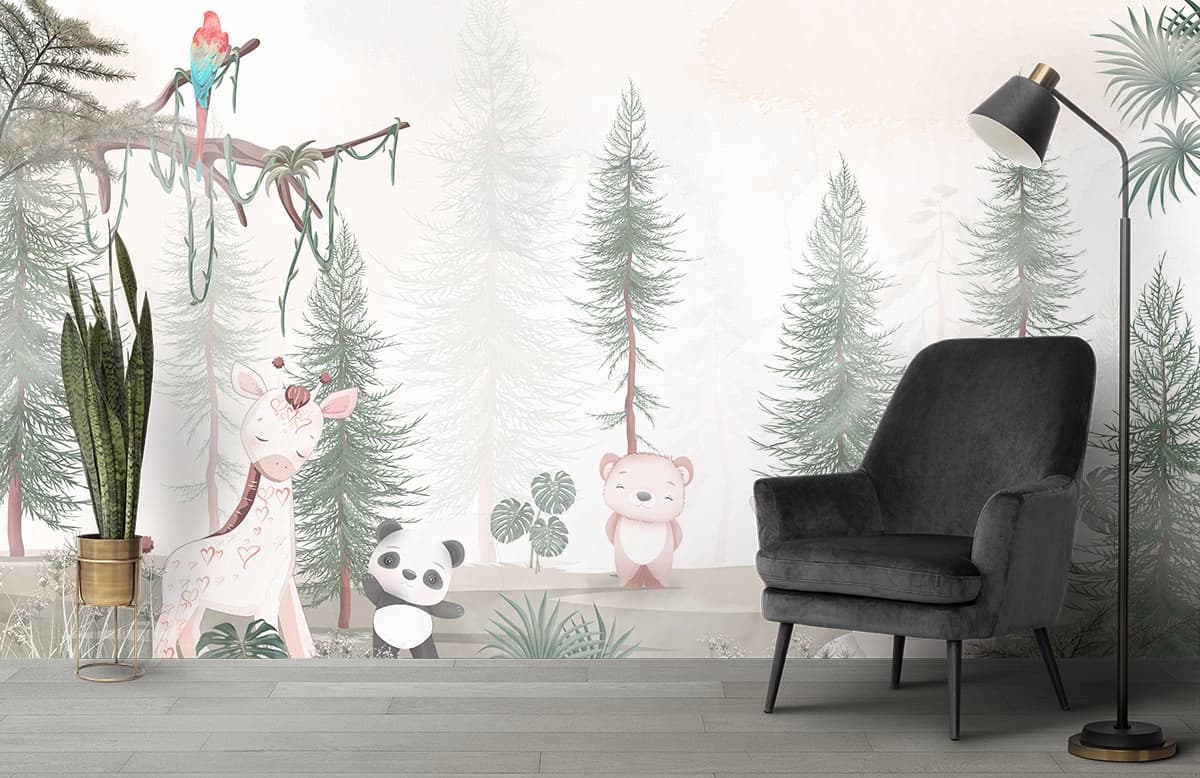 Panda, Parrot, Bear Cartoon Wallpaper for Kids Room shown in a room