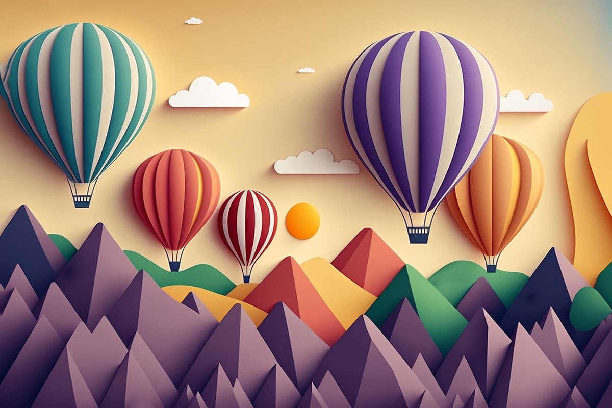 Colorful Hot Air Balloons in Mountain Sky Wallpaper pattern detail