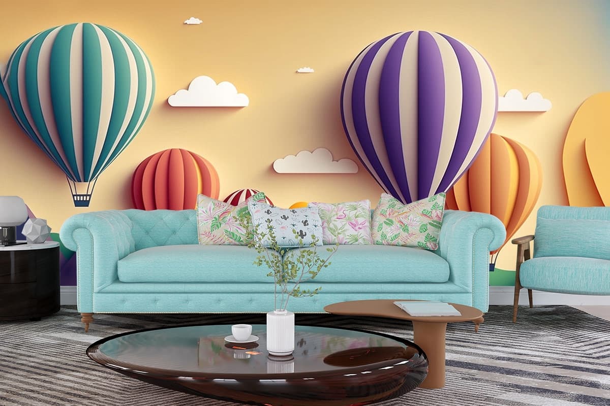 Colorful Hot Air Balloons in Mountain Sky Wallpaper shown in a room