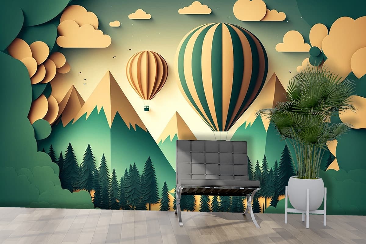 3D Hot Air Balloon Kids Room Wallpaper shown in a room
