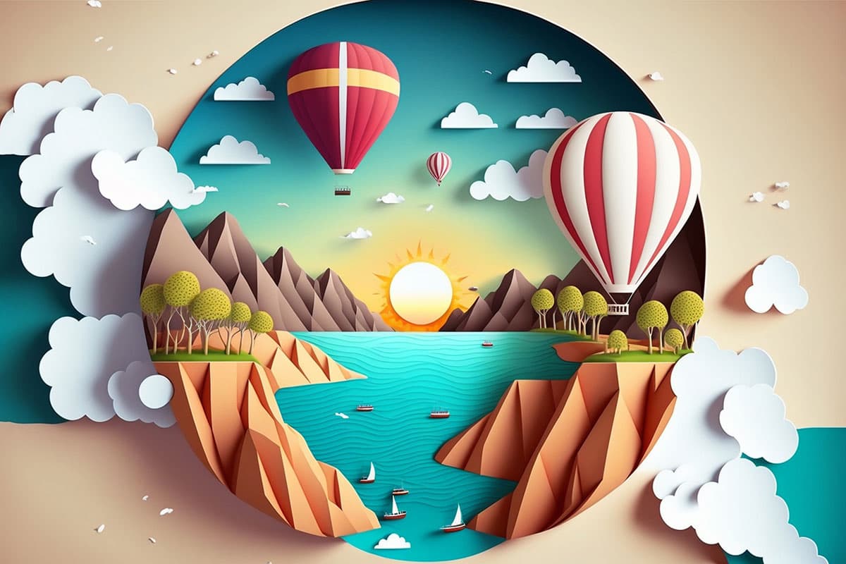 3D Effect Paper Cut Out Landscape with hot air balloons Kids Wallpaper pattern detail