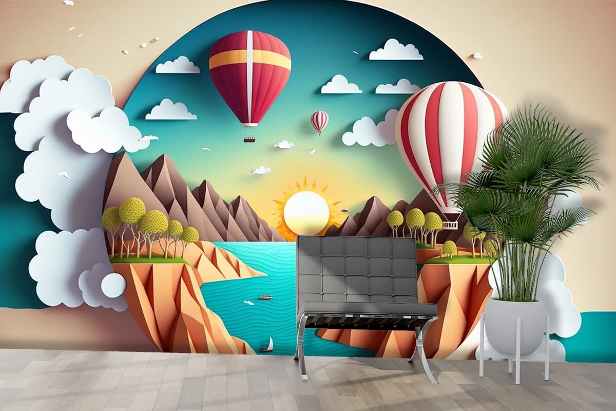 3D Effect Paper Cut Out Landscape with hot air balloons Kids Wallpaper shown in a room