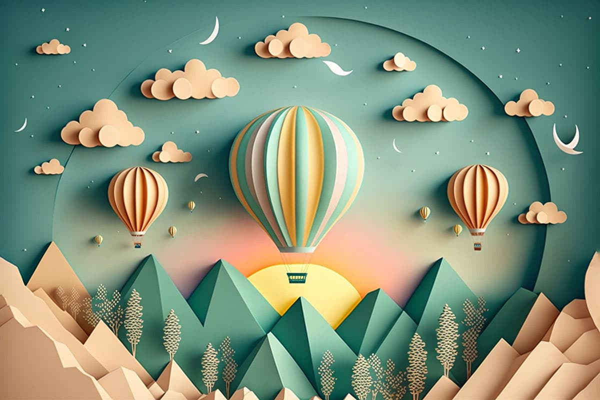 Floating Hot Air Balloon Sky Scene Wallpaper pattern detail