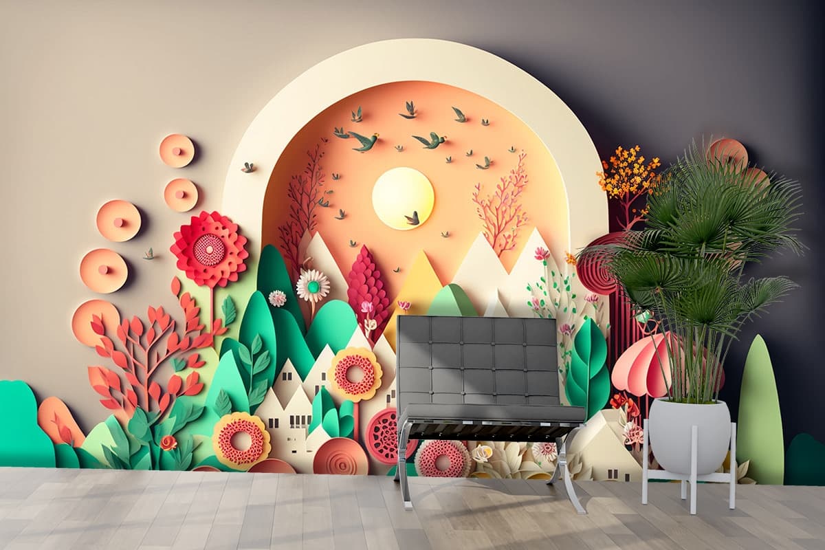 Paper Cut Landscape Minimal Nature Style Wallpaper shown in a room
