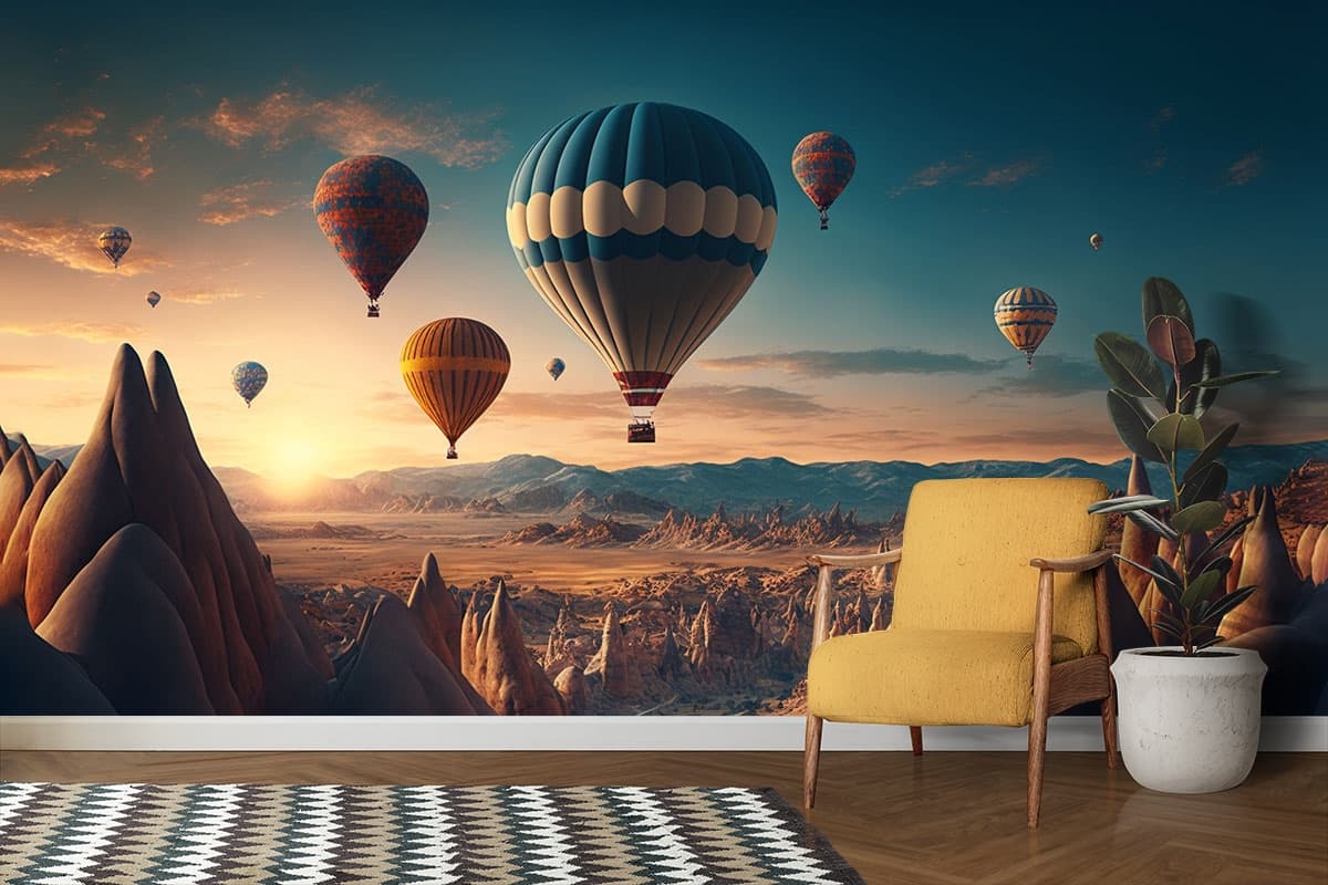 Floating Hot Air Balloons Sky Wallpaper shown in a room