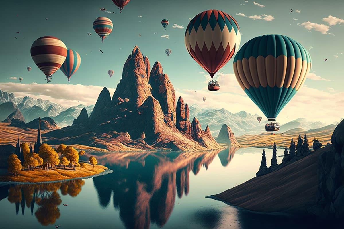 Hot Air Balloons Over Water Scenic Wall Mural Wallpaper pattern detail