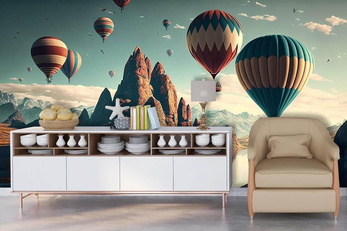 Hot Air Balloons Over Water Scenic Wall Mural Wallpaper shown in a room
