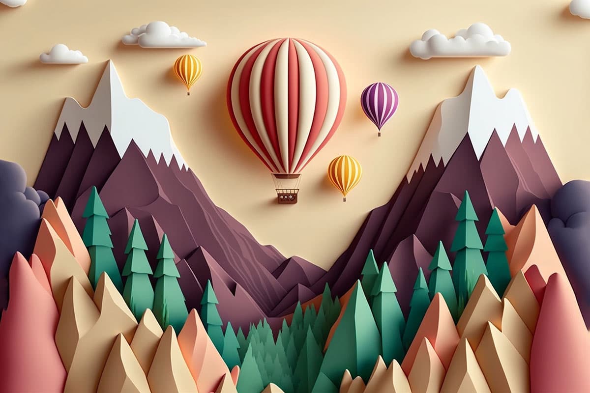 3D Kids Room Wallpaper With Mountains and Hot Air Balloons pattern detail
