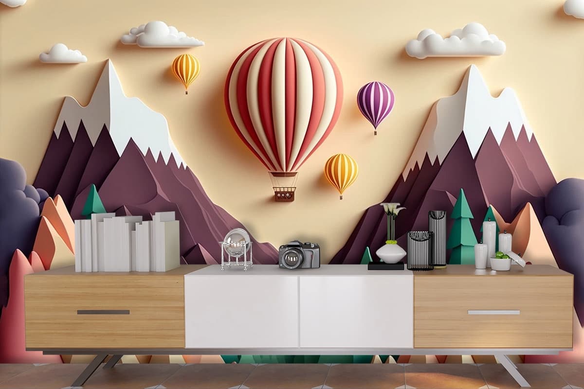 3D Kids Room Wallpaper With Mountains and Hot Air Balloons shown in a room