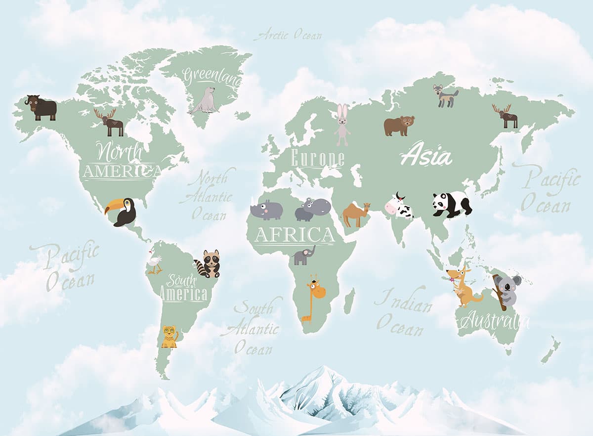 World Map with Animals Kids Educational Wall Mural Wallpaper pattern detail