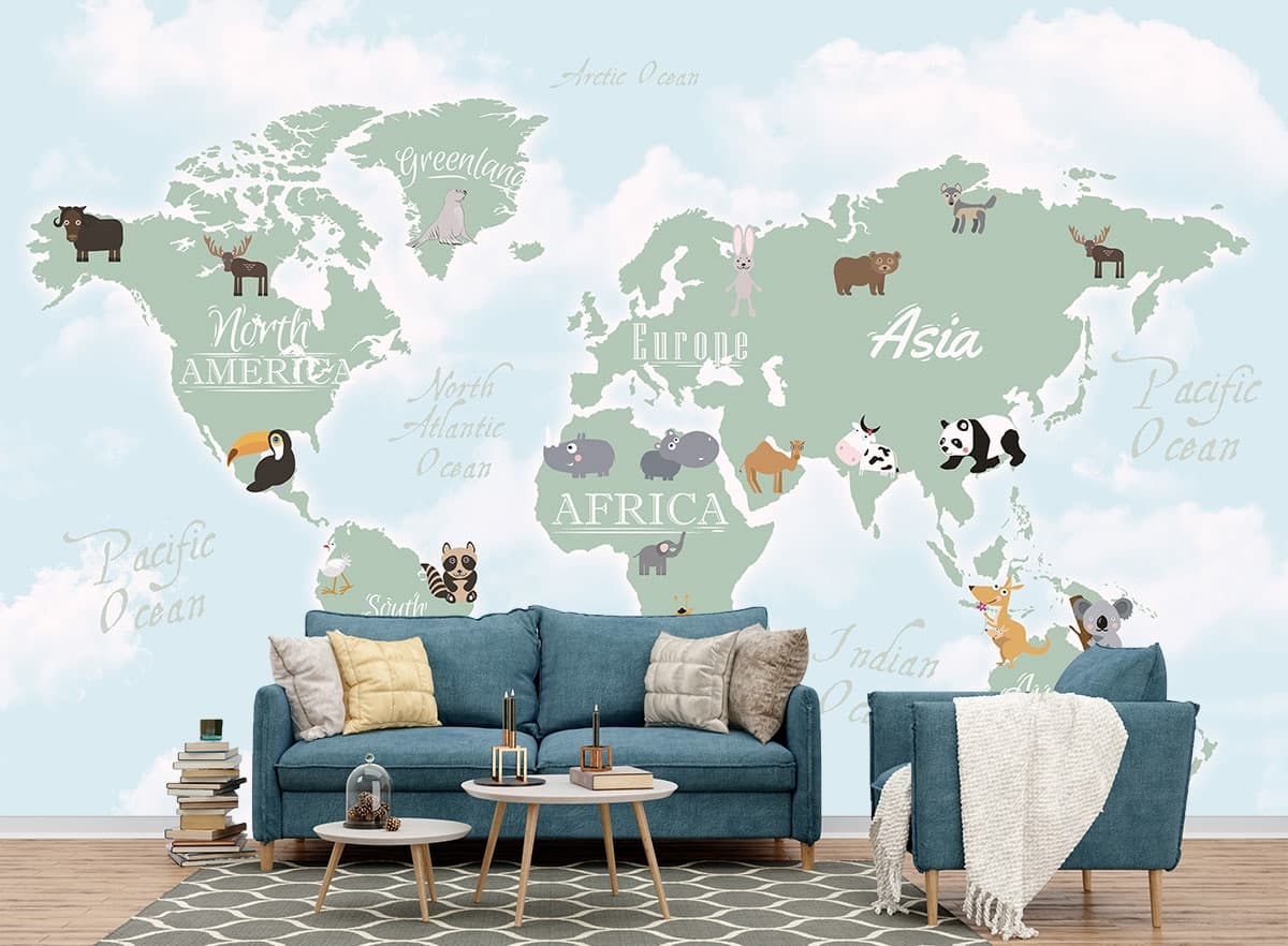 World Map with Animals Kids Educational Wall Mural Wallpaper shown in a room
