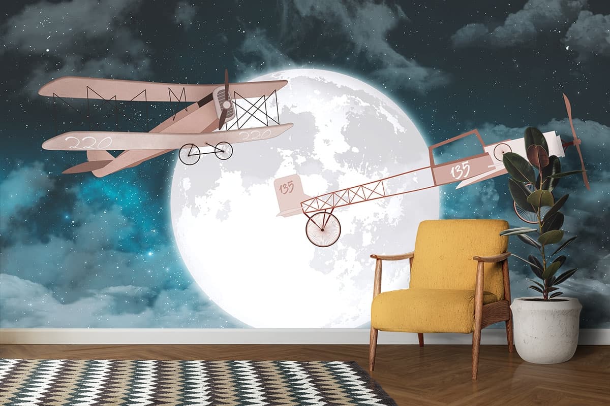 Paper Planes Flying in Sky Kids Room Creative Wallpaper shown in a room