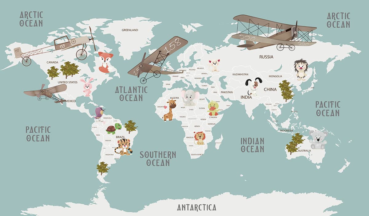 ute Cartoon Animal World Map Educational Wallpaper pattern detail