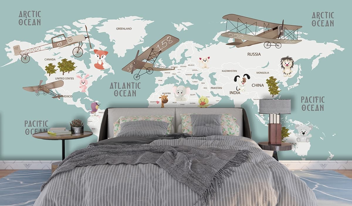 ute Cartoon Animal World Map Educational Wallpaper shown in a room