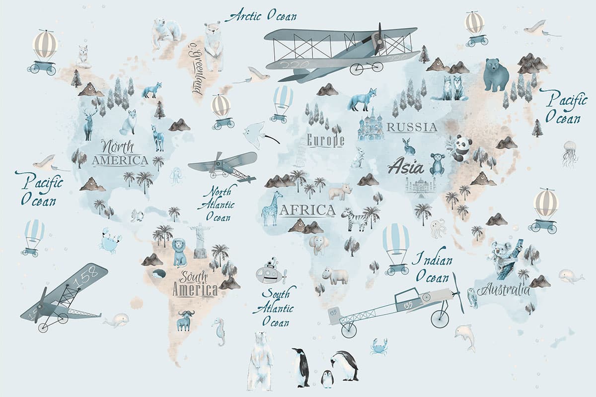 World Map with Illustrative Objects Kids Room Wallpaper pattern detail