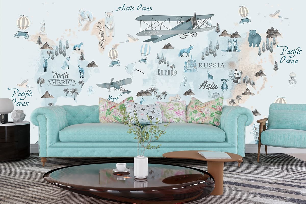 World Map with Illustrative Objects Kids Room Wallpaper shown in a room