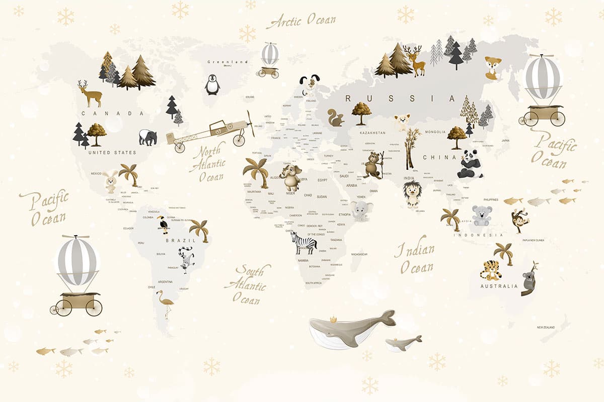 World Map with Animals Kids Room Wallpaper pattern detail