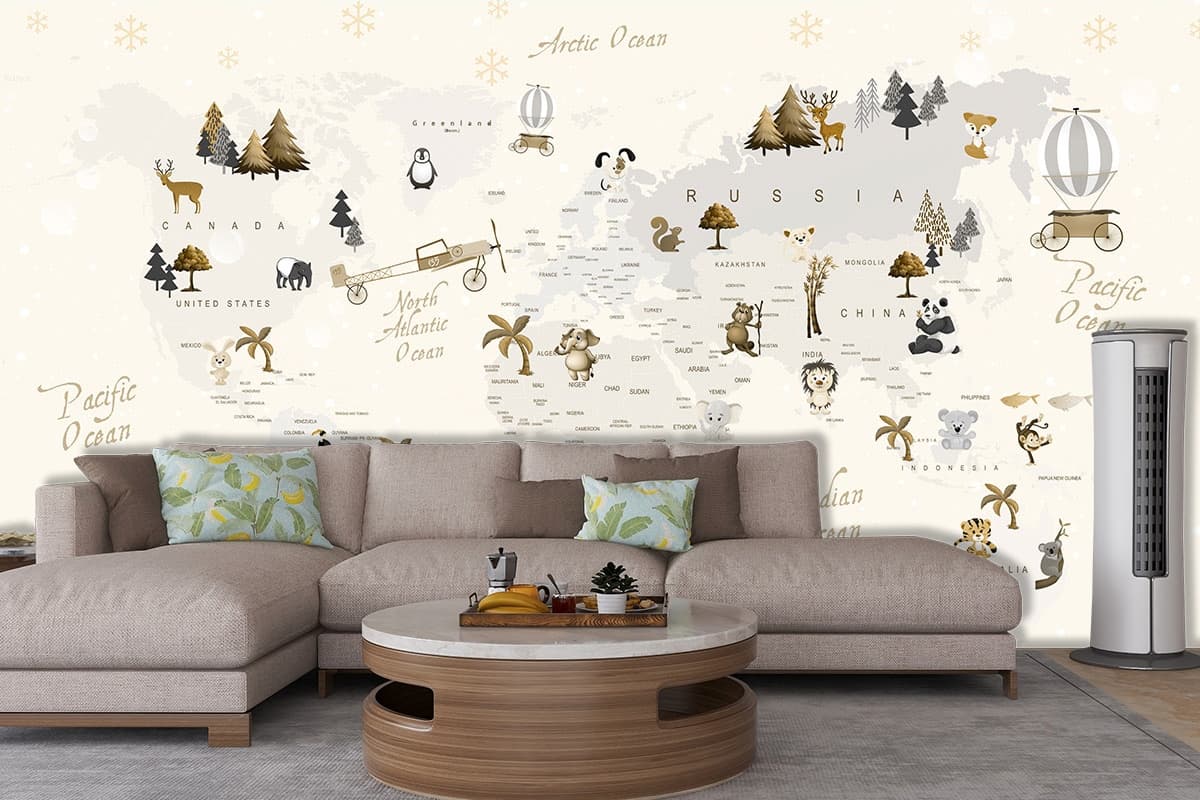 World Map with Animals Kids Room Wallpaper shown in a room