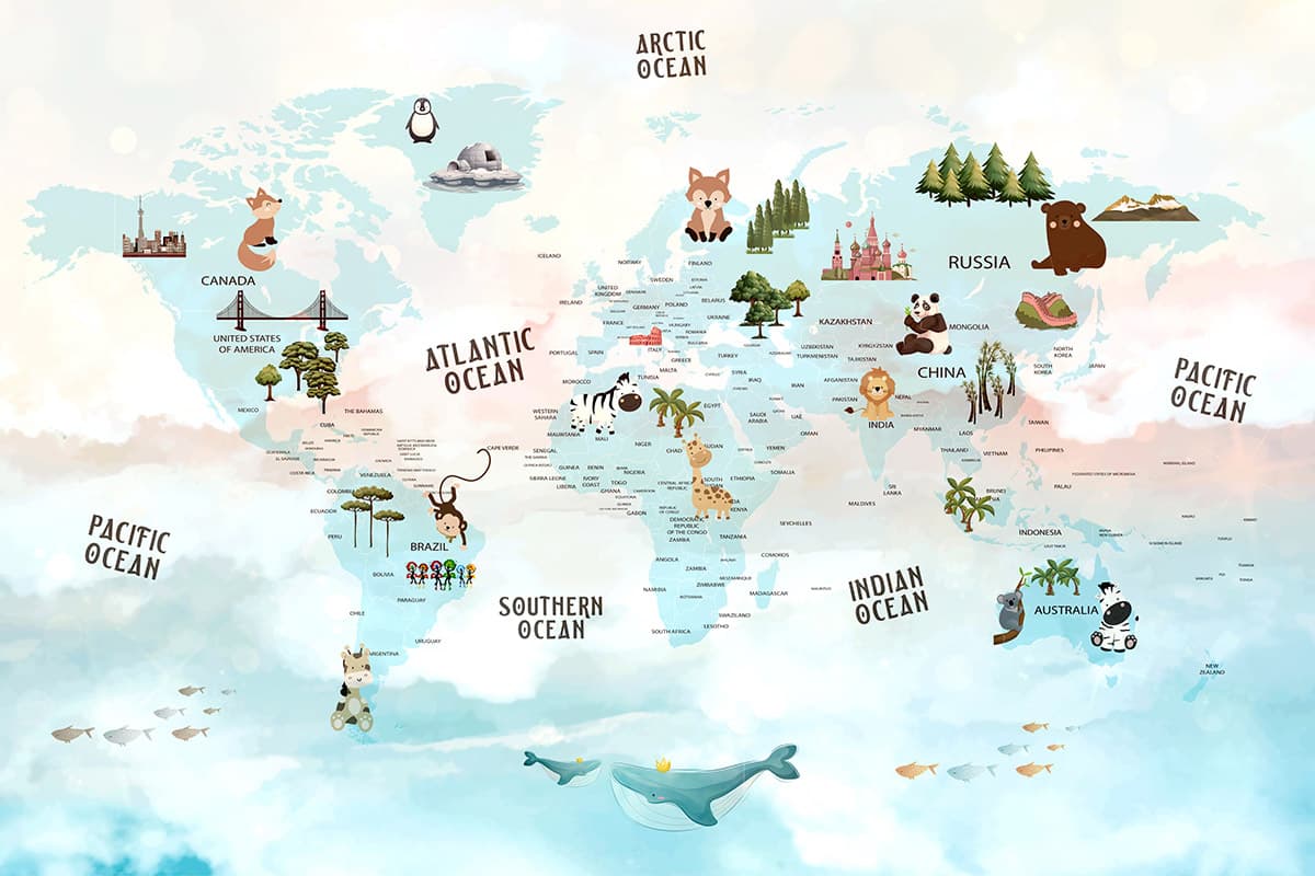 Kids World Map Animals Learning Wallpaper pattern detail
