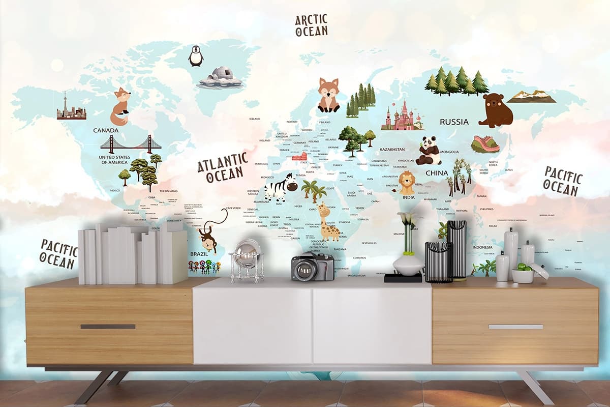 Kids World Map Animals Learning Wallpaper shown in a room