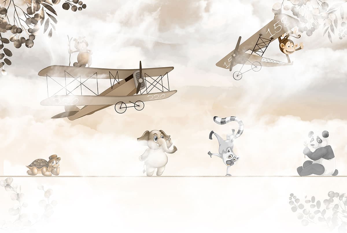 Cartoon Animals Flying Airplanes Fun Kids Wallpaper pattern detail