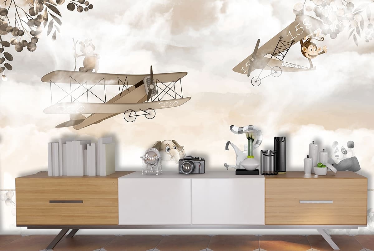Cartoon Animals Flying Airplanes Fun Kids Wallpaper shown in a room