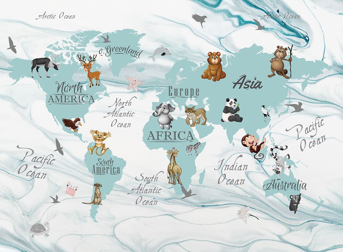 Illustrated Animal World Map Educational Wallpaper pattern detail