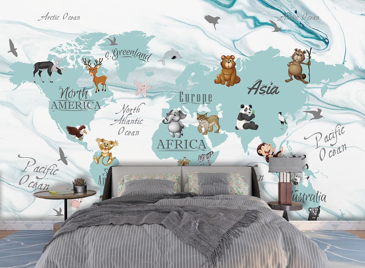 Illustrated Animal World Map Educational Wallpaper shown in a room