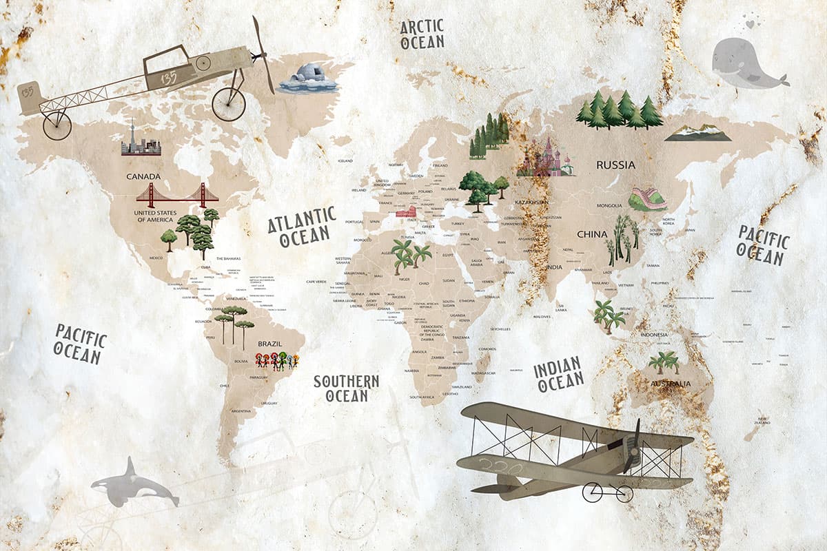 Kids Room Wallpaper, World map with different types of objects pattern detail