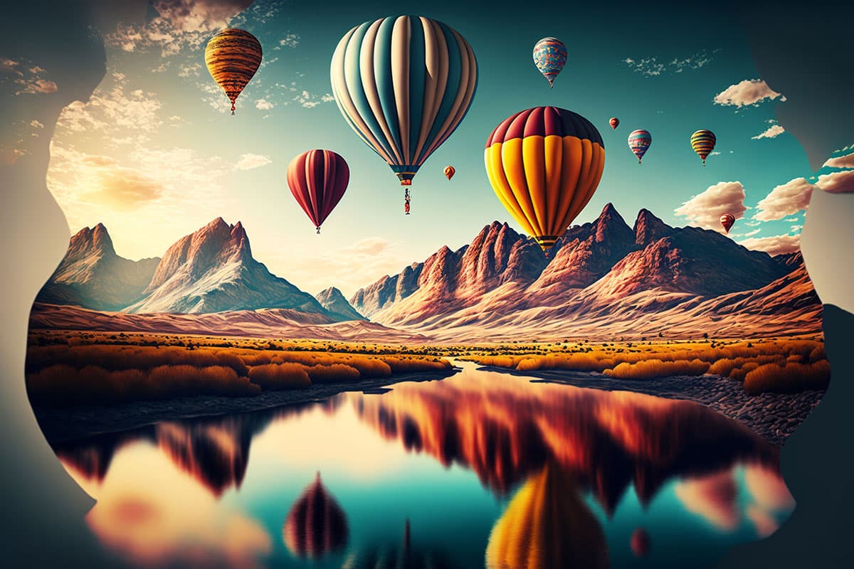 Hot Air Balloons Flying Above River Landscape Wallpaper pattern detail