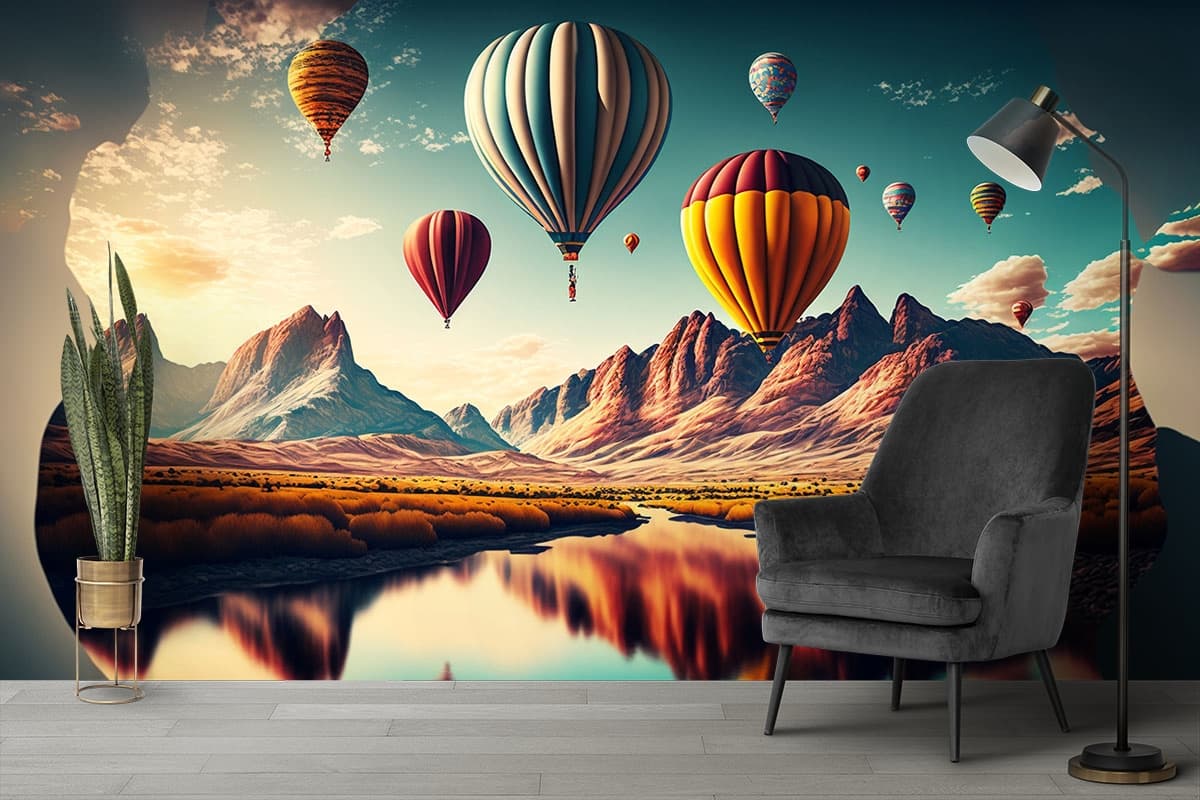 Hot Air Balloons Flying Above River Landscape Wallpaper shown in a room