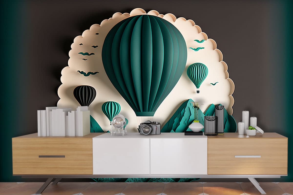 Layered Paper Style Hot Air Balloon Wallpaper shown in a room