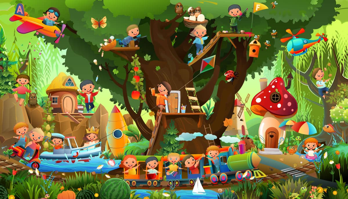 Cartoon Kids Playing in a Tree Wallpaper pattern detail
