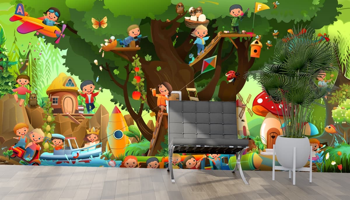 Cartoon Kids Playing in a Tree Wallpaper shown in a room