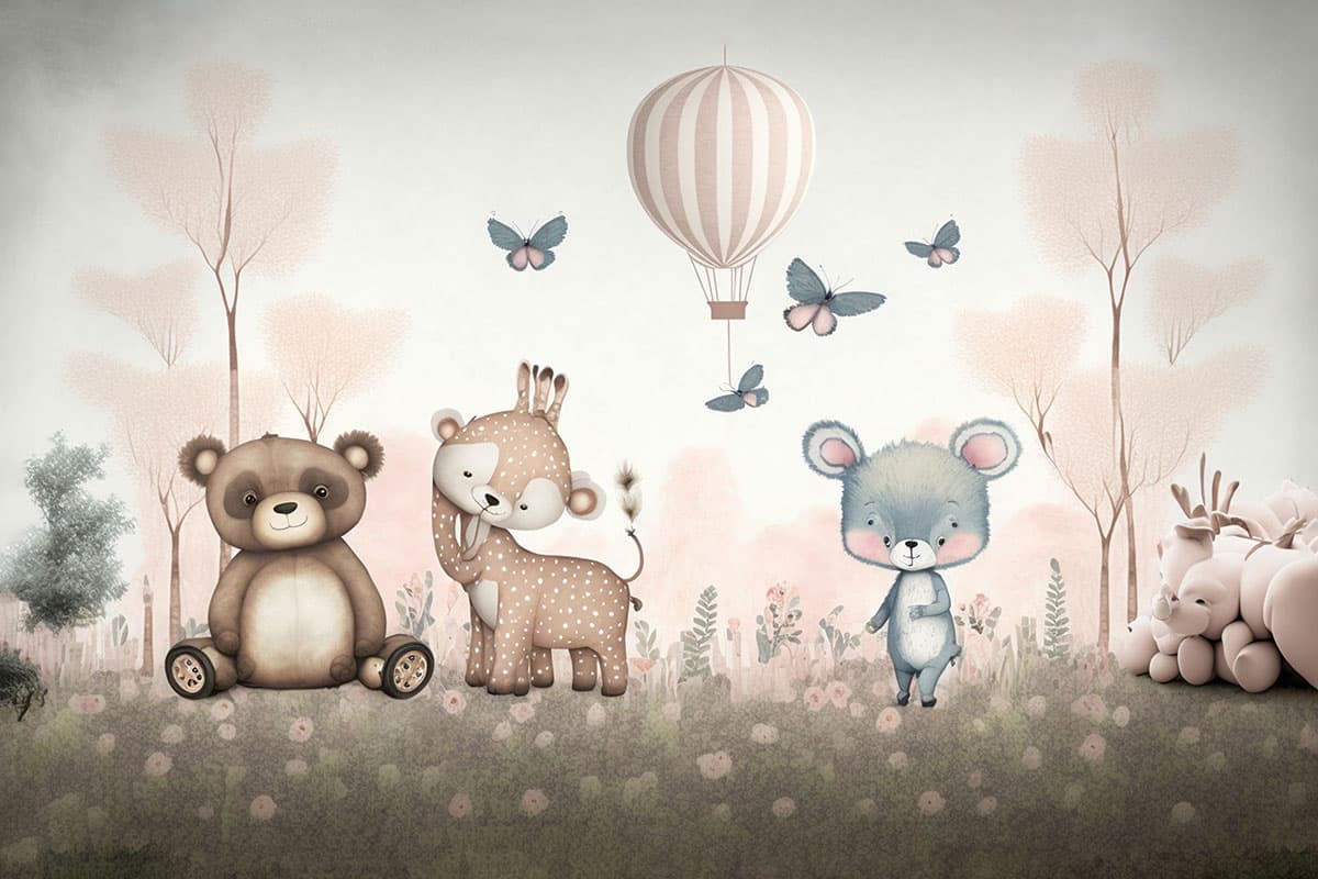 Animals and Hot Air Balloon Wallpaper for Kids Room pattern detail