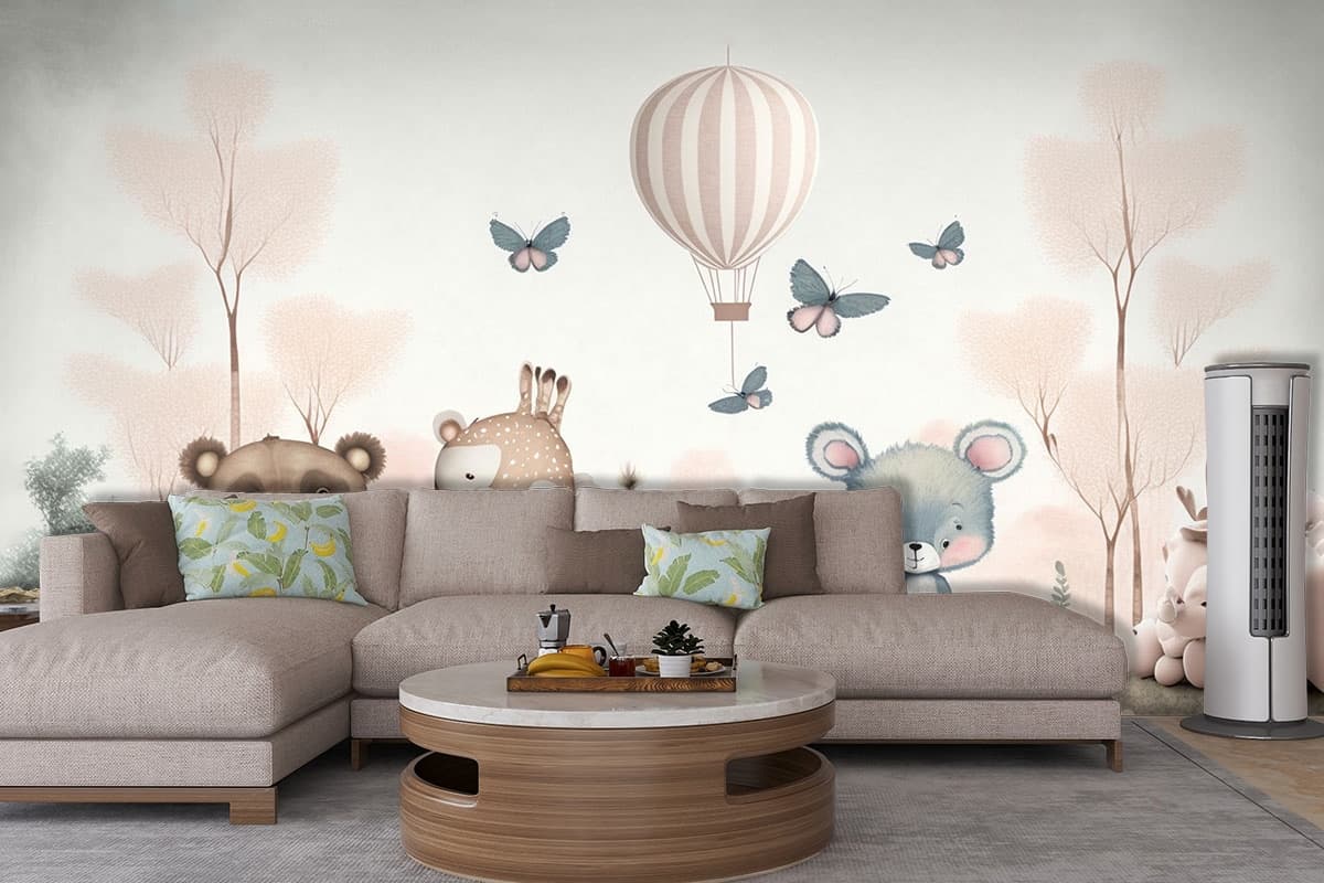 Animals and Hot Air Balloon Wallpaper for Kids Room shown in a room