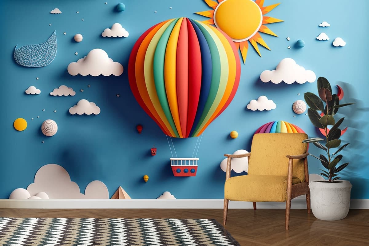 Single Hot Air Balloon Sky Scene Wallpaper shown in a room