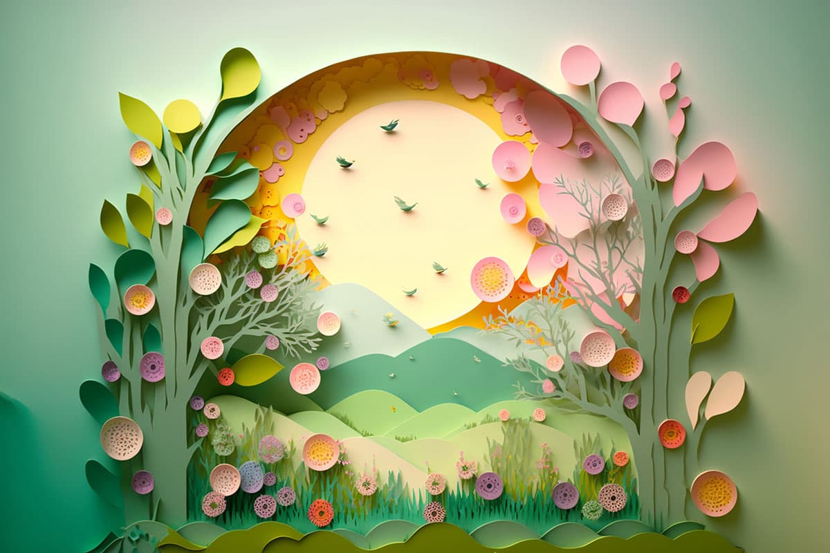 Layered Paper Style Trees and Flowers Wallpaper pattern detail