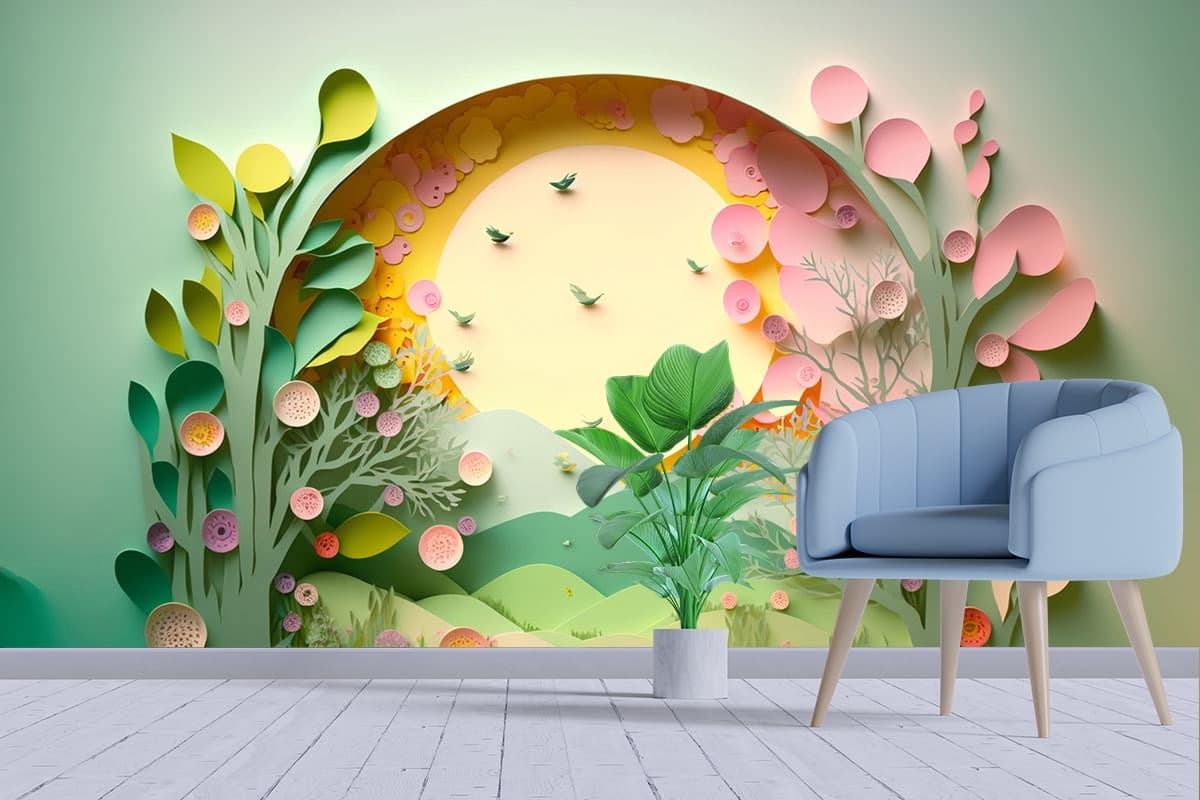 Layered Paper Style Trees and Flowers Wallpaper shown in a room