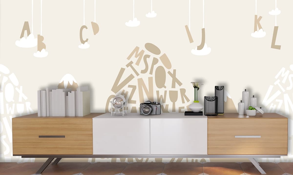 Mountain Scene with Letters and Clouds Wallpaper shown in a room