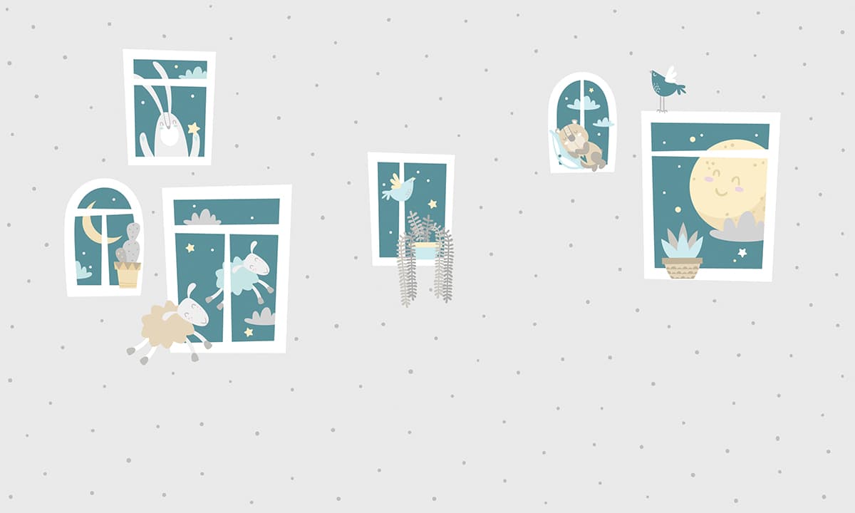 Playful Animals and Birds Window Scene Wallpaper pattern detail