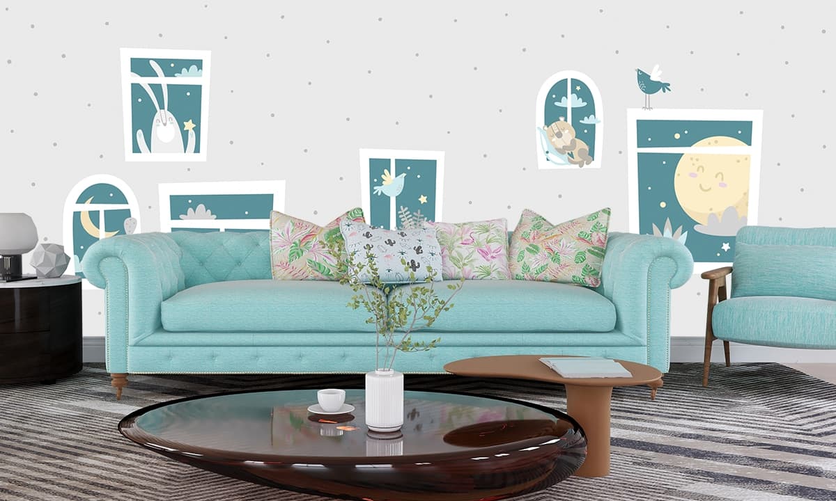 Playful Animals and Birds Window Scene Wallpaper shown in a room