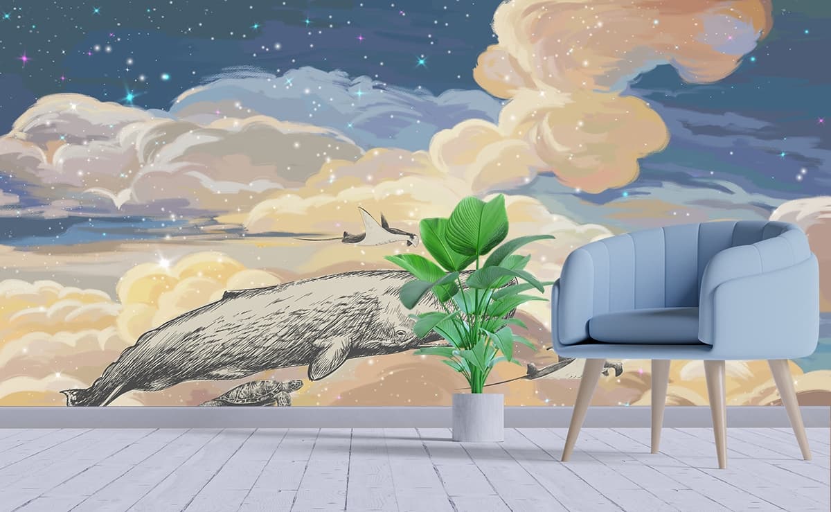 Whale and Turtles Sky Fantasy Kids Room Wallpaper shown in a room